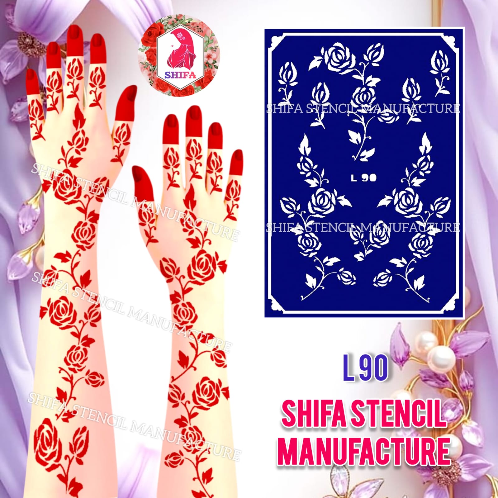L 90 Elegant Rose Vine, Sticker overview Henna Stencil - Shifa Stencil